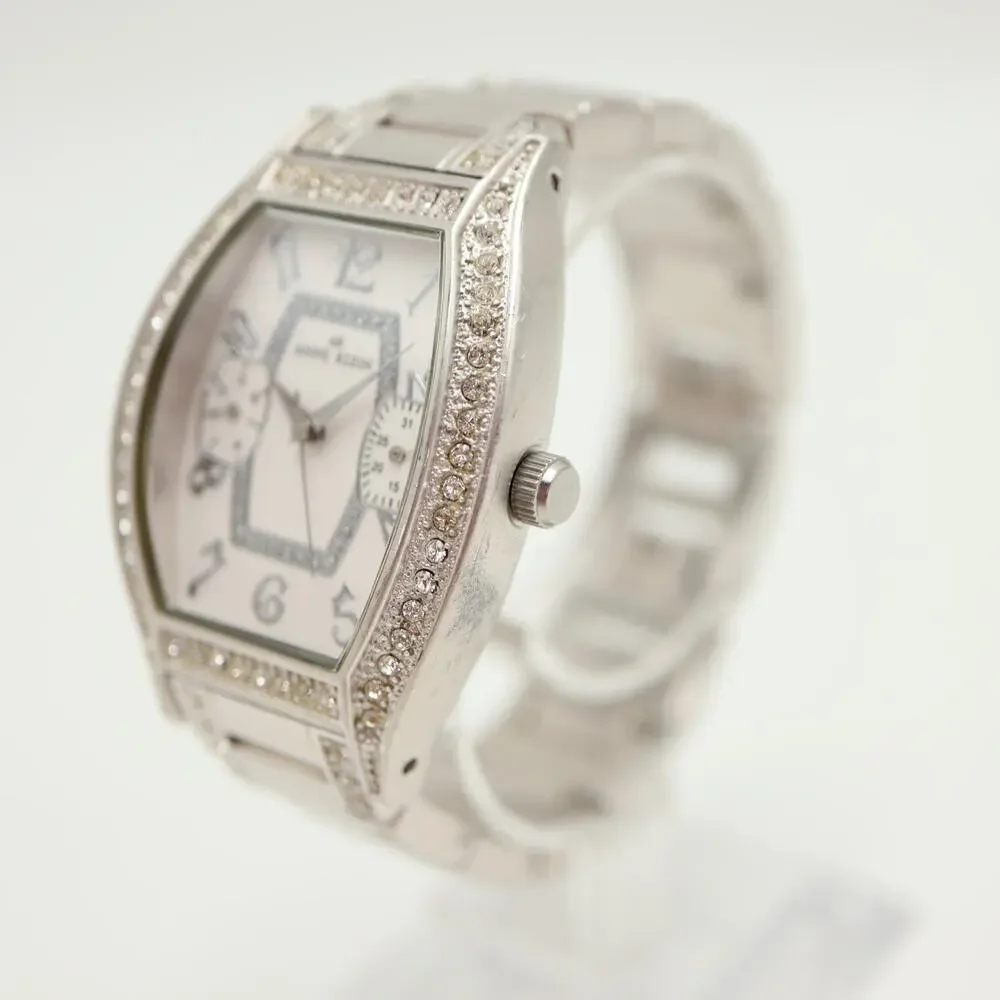 Anne Klein 31mm Barrel Silver Tone Womens Watch Day Date Bracelet w New Battery